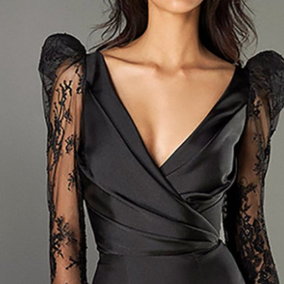 A black dress with a V-neck and a slim skirt